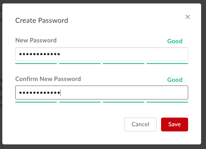 "Create Password" box with a "New Password" textbox and a "Confirm New Password" textbox