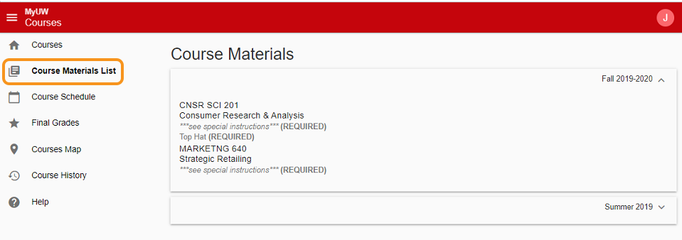 A screenshot of the Course Materials List page.