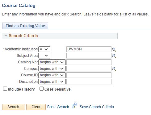The search screen for the course catalog including: academic institution, subject area, catalog number, campus, course id, and description