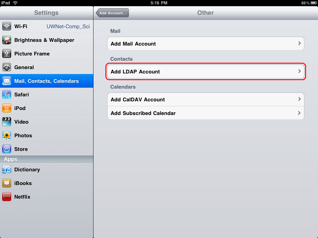 Touch Add LDAP Account.