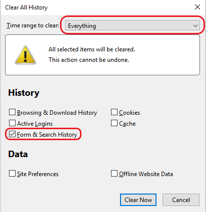 Dialog box for clearing history.