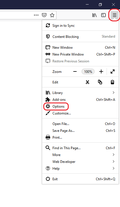 The options menu in Firefox.
