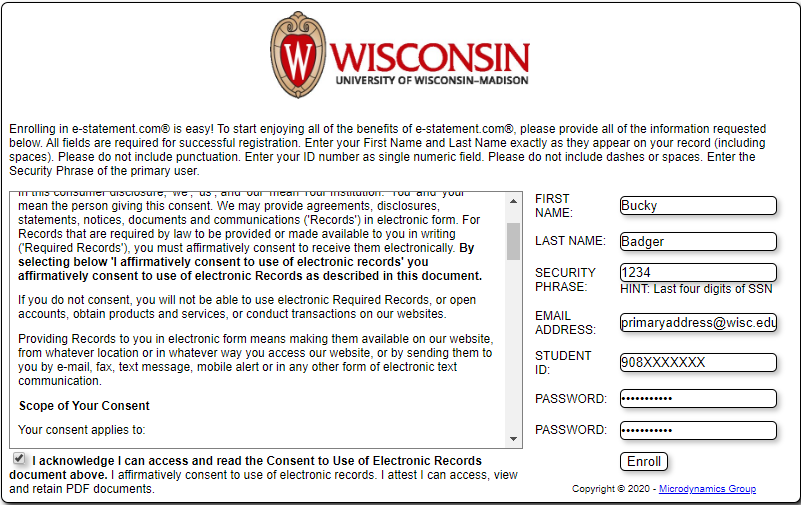 Image displaying example enrollment screen