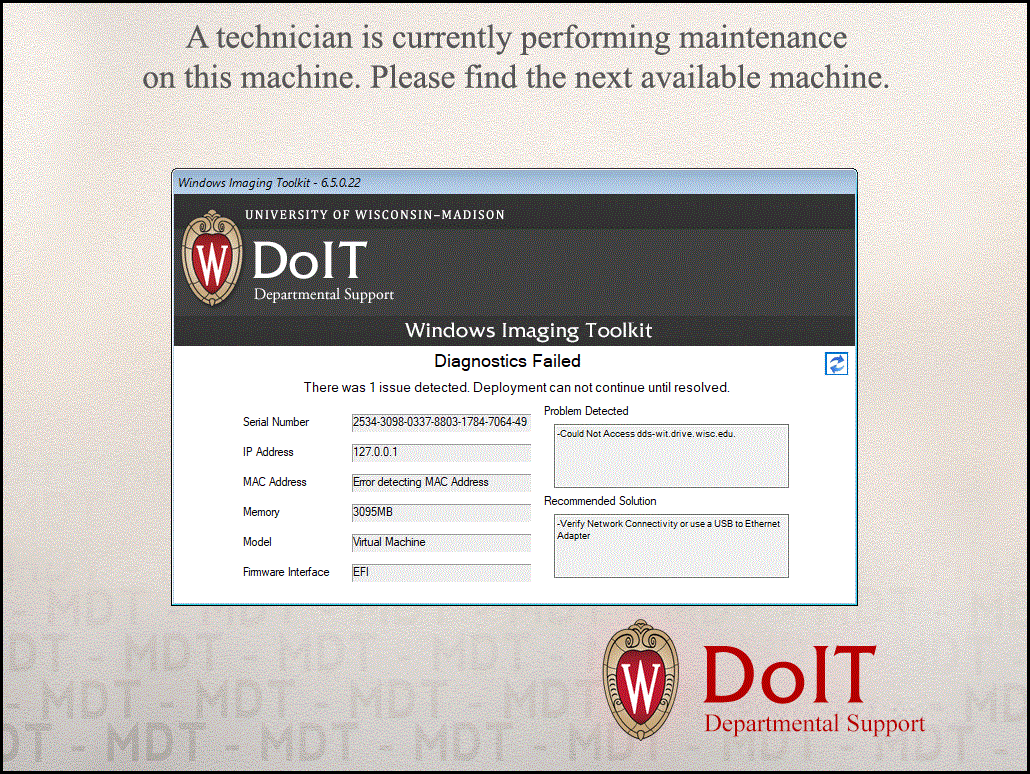 Windows PE with the WIT Software showing the "Diagnostics Failed" dialog.  The dialog lists network connectivity errors as the problem