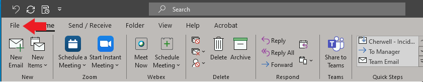 Image of Outlook UI identifying File button
