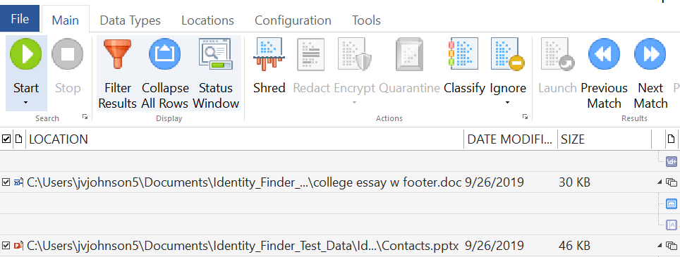 Tool bar in Spirion Client.  This document focuses on the largest group of options, called Actions, that can be taken on a file.