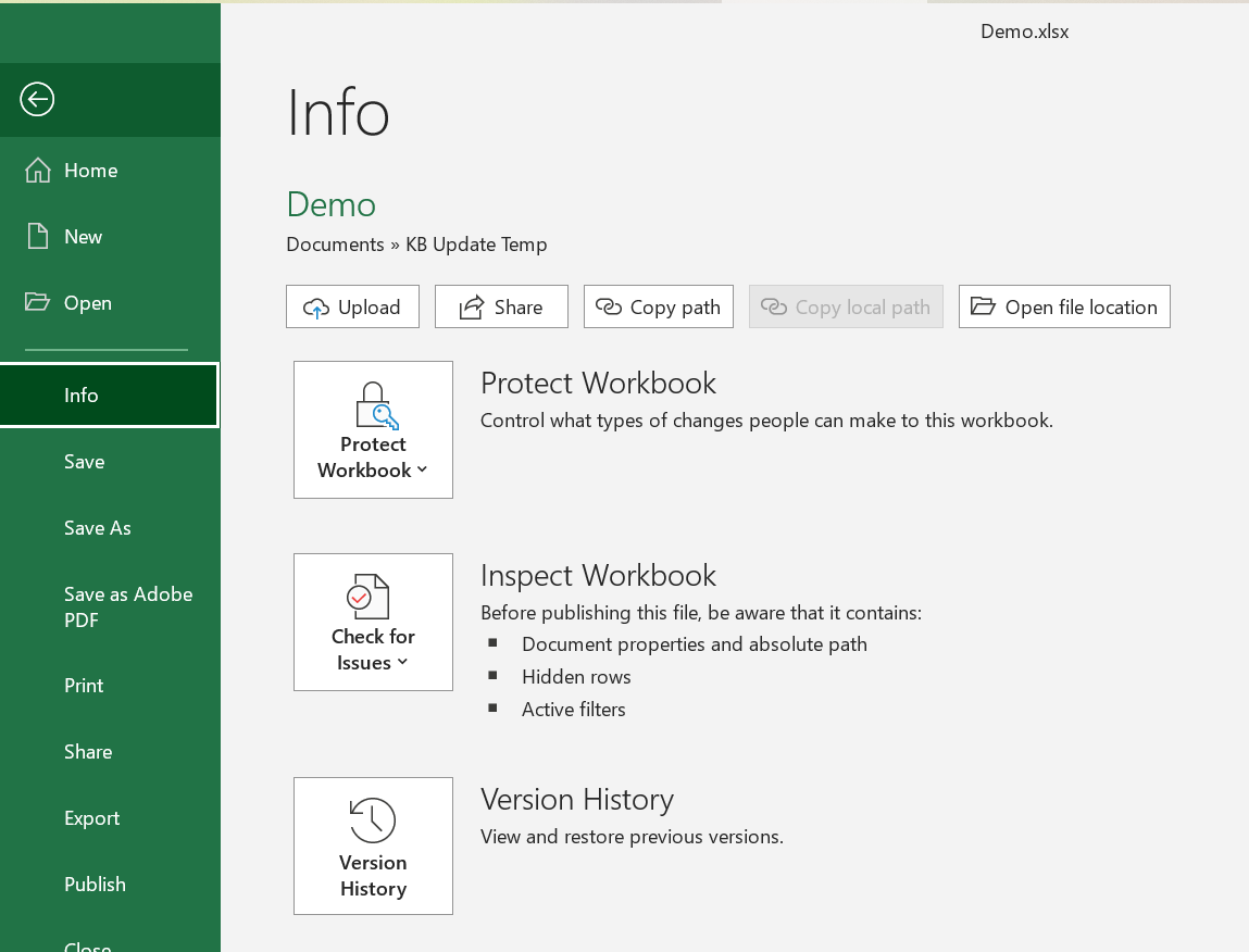 Excel  file info interface