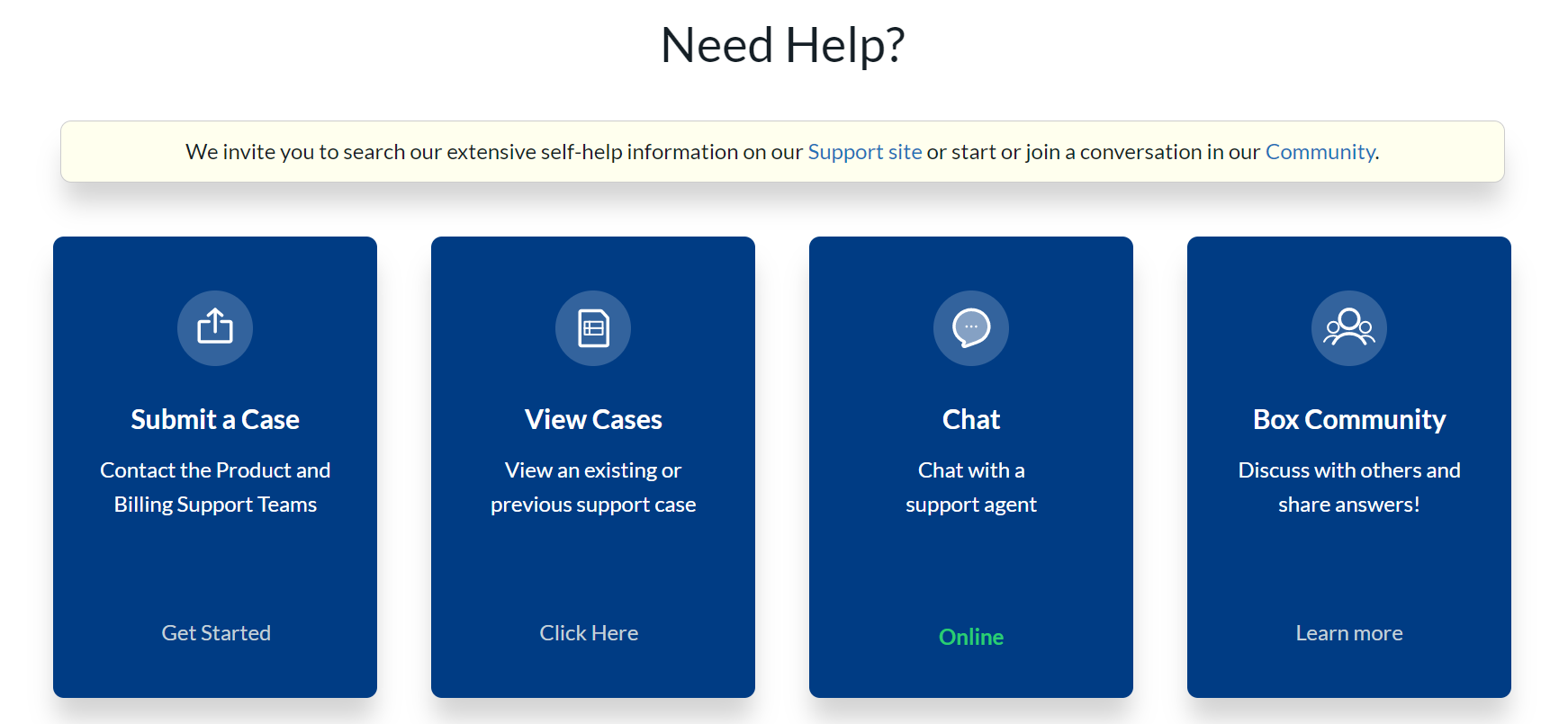 Four buttons saying "Submit a Case", "View Cases", "Chat", and "Box Community"
