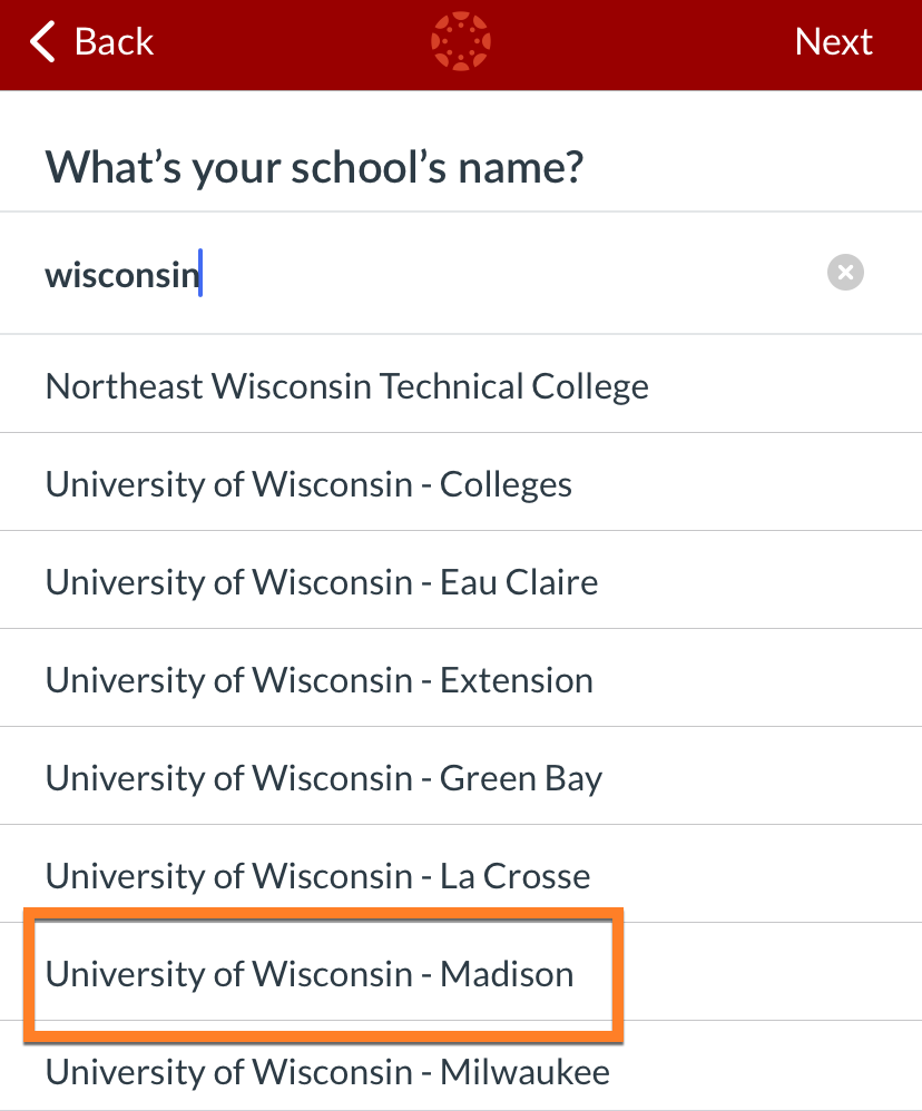 A list of University of Wisconsin schools will appear, including UW-Madison