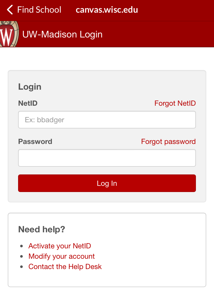 Standard UW-Madison NetID Login page, with fields for NetID and Password