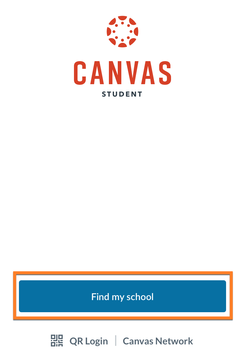 Canvas App welcome screen, with a button labeled "find my school"