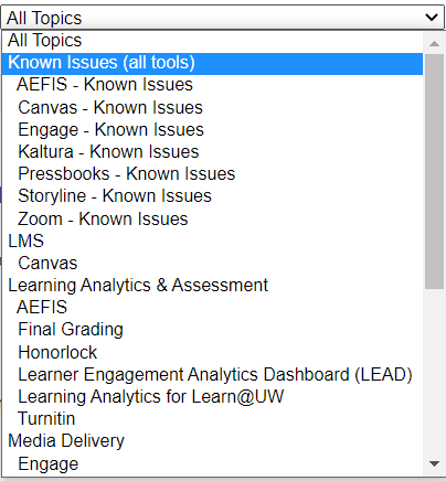 Known issues drop down