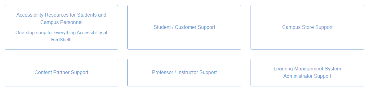 An image showing the user support options for students and instructors in the RedShelf Solve knowledgebase