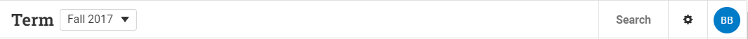 Screenshot showing the Engage library menu including the term selection, lightning bolt button, search, gear icon (for insructors), and user initial button