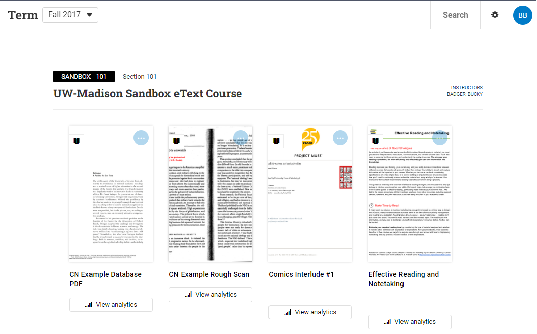 Engage library view with the menu at the top, and the course and eTexts below including the "View analytics" button for instructors below each eText