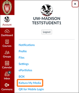 A screenshot showing a user having clicked on their user profile icon in the upper left to expand their user menu. The "Kaltura My Media" menu option is outlined in orange to help point it out.