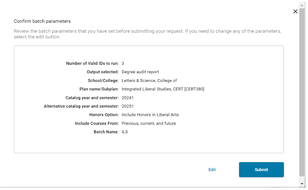 Confirm Batch Parameters Window