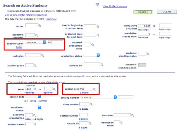 screenshot from SIS showing the example of Search on Active Students with box around academic plan, term and subject