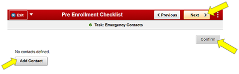 Emergency Contact page with arrows next to Confirm, Next, and Add Contacts