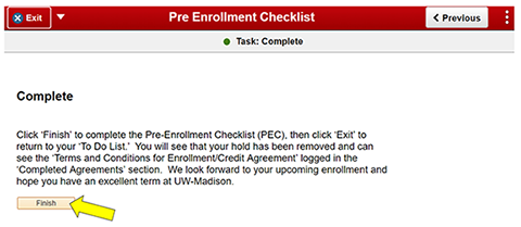 Completed PEC confirmation page with arrow to Finish