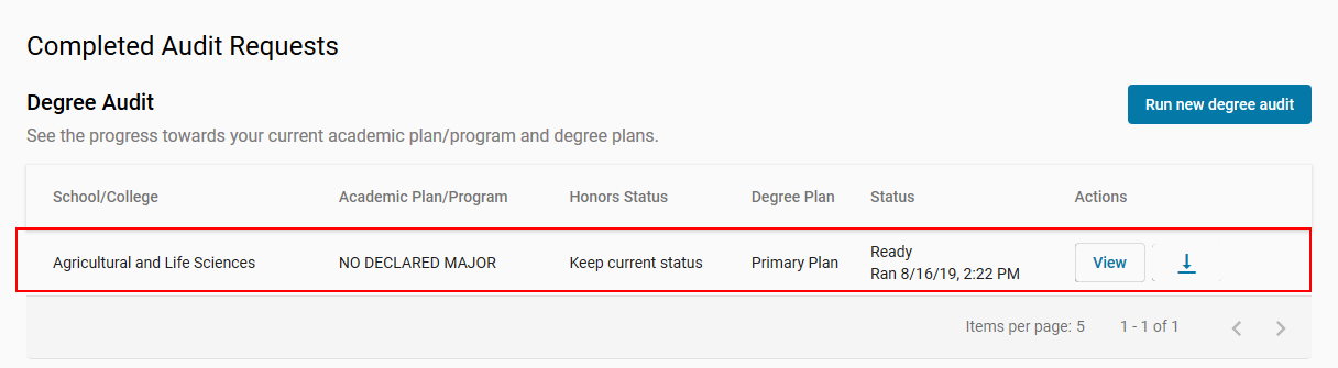 Competed Audit Requests screen with box around an option in the table