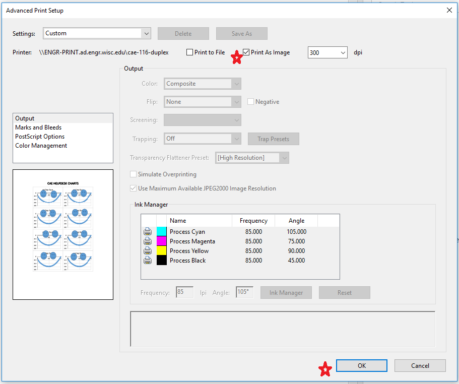 Select the Print As Image check box in the advanced tab to ensure the flattening occures.