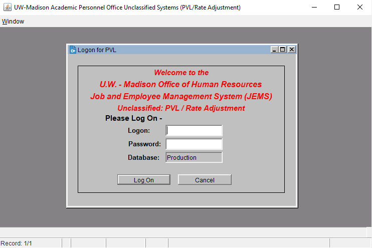 Screenshot of logon screen for JEMS PVL and Rate/Title Change in Java Web Launcher application
