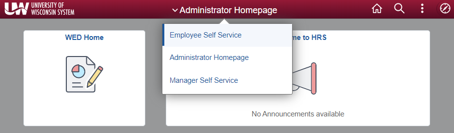 Screenshot of HRS dashboard menu open with Employee Self Service dashboard highlighted