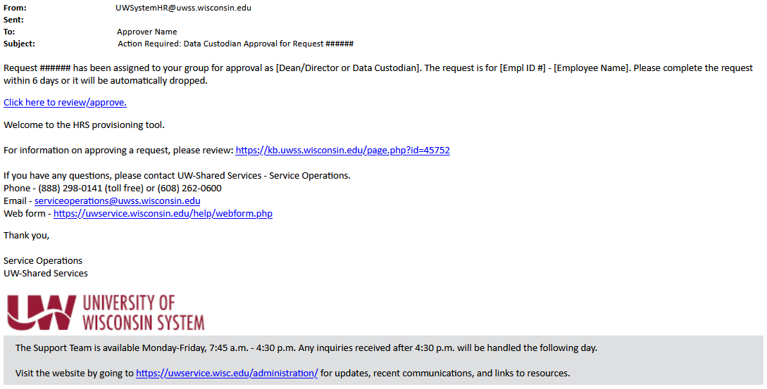 Screenshot of email received by HRS Security approvers