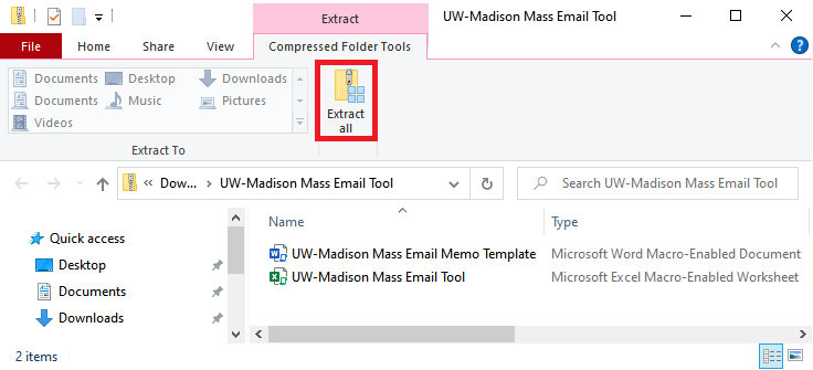 Screenshot of compressed folder in Windows File Explorer with Extract all button highlighted with red rectangle