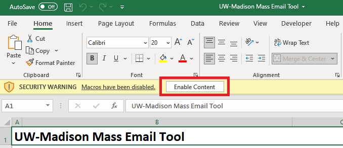 Screenshot of Excel workbook with Enable Content button highlighted with red rectangle