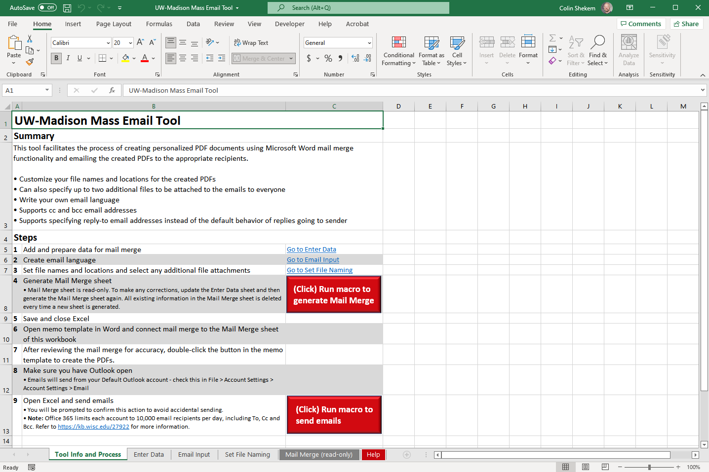 Screenshot of Mass Email Tool Excel workbook