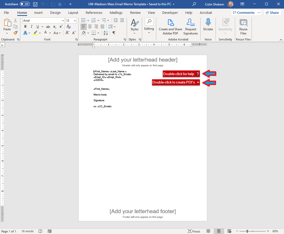 Screenshot of Mass Email Memo Template with arrows pointing to macro buttons