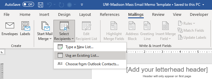 Screenshot of Mailings tab in Word with "Use an existing list" option highlighted