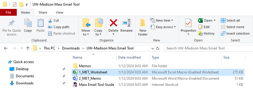Screenshot of Windows File Explorer with UW-Madison Mass Email Tool file highlighted