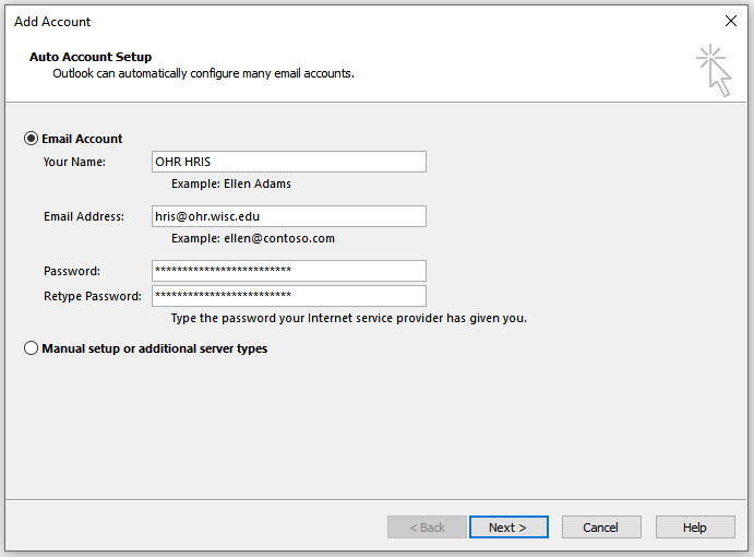 Screenshot of Outlook Add Account window with OHR HRIS information filled in
