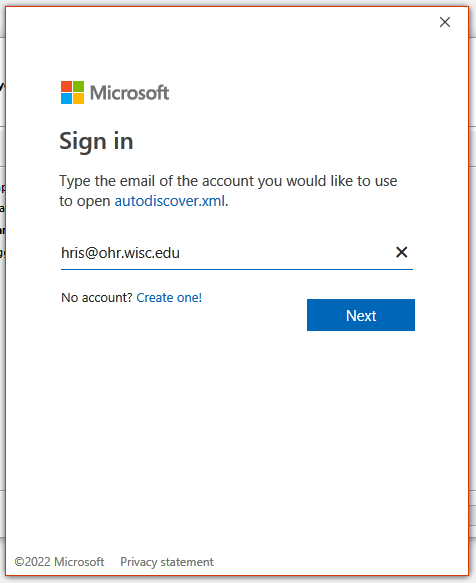 Screenshot of Microsoft Sign in window with HRIS@ohr.wisc.edu account displayed