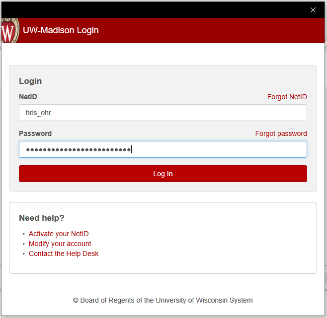 Screenshot of NetID login window with NetID hris_ohr entered with password
