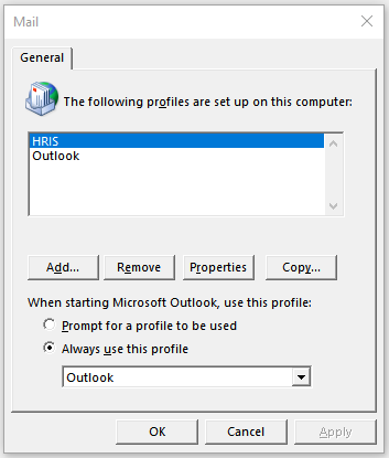 Screenshot of Outlook profiles list with new HRIS profile added