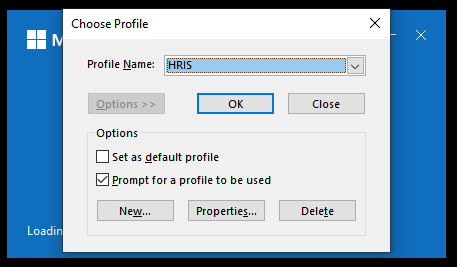Screenshot of Outlook Choose Profile window with option selected to prompt for profile every time