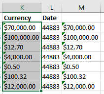 Screenshot of Excel spreadsheet with formula-created currency values pasted into column