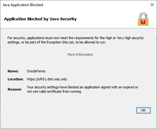 Example of Java security error with message "Application Blocked by Java Security"