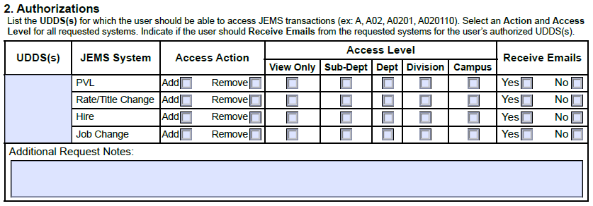 Screenshot of Section 2 - Authorizations from JEMS Authorizations Form