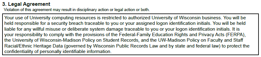 Screenshot of Section 3 - Legal Agreement from JEMS Authorization Form