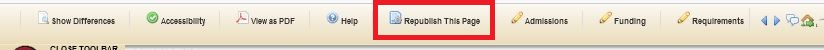 Shows the "Republish this Page" button in the edit toolbar, highlighted by a red box.
