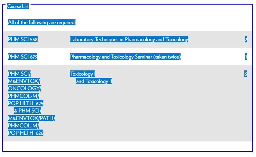 A course list with all contents highlighted in blue due to clicking on the table.
