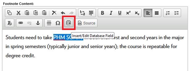 The Insert/Edit Database Field highlighted with a red box. This is the second icon from the right on the bottom row.