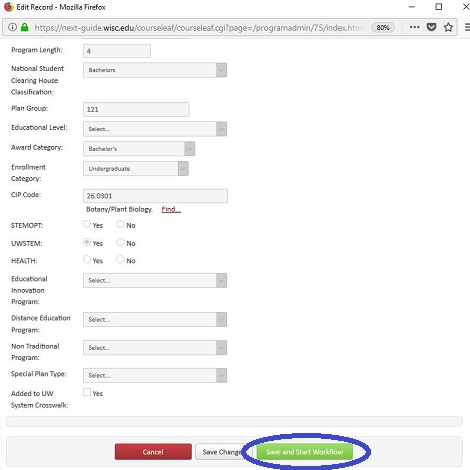 A Lumen Program proposals with the green "save and start workflow" button circled in blue.