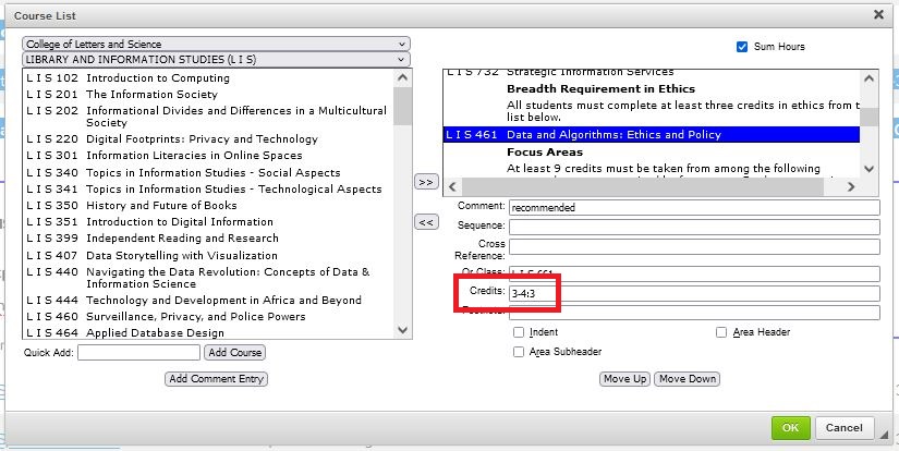 An edited course list with the credits field highlighted with a red box.