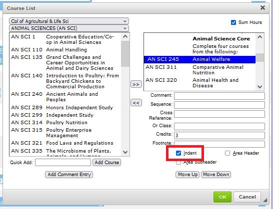 A course list with the Index box checked, indicated by a blue check mark.